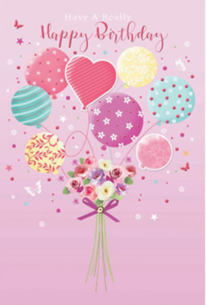 A soft, celebratory mood fills this birthday artwork, as though a breeze drifting over Kentish Town Road has gently lifted balloons and flowers into the air. The background is washed in tender blush pink, providing a warm, soothing backdrop that makes the pastel colours of the design glow. At the base of the composition rests a hand-tied bouquet, gathered with the same care you might expect from a florist arranging a birthday delivery for a friend in Dartmouth Park. The bouquet includes small, romantic roses and daisy-like blossoms, their petals layered and velvety, shifting from creamy ivory at the edges to soft rose and muted mauve towards the centre. They appear lush yet delicate, and it is easy to imagine a light, sweet fragrance rising from them, the kind of scent that lingers pleasantly in a Kentish Town kitchen after flowers arrive. From this cluster of blooms springs a parade of balloons in pastel hues-powder pink, sea green, lemon yellow, and lavender purple-each with its own character. Some are ringed with swaying stripes, others scatter polka dots that give the impression of movement, and at the heart of the group, a heart-shaped balloon glows gently, symbolising affection and celebration. The stems of the bouquet are neatly wrapped in a shimmering purple satin bow, its surface catching highlights as if brushed by soft indoor lighting. Around the balloons and flowers, tiny butterflies and star-shaped accents drift lazily, adding a whimsical, fairy-tale touch, like the sparkle of birthday candles just blown out. The arrangement as a whole feels elegant yet playful, capturing the spirit of a thoughtfully chosen birthday card and bouquet, perfect for brightening a home off Lady Somerset Road or a studio near Hampstead Heath with colour, warmth, and joy.