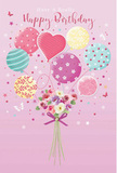 The illustration shows a light-hearted birthday scene that could easily belong in a cosy Kentish Town flat, where balloons and flowers seem to float together in gentle harmony. Against a softly blushed pink background, a small bouquet sits at the base, tied neatly with a violet satin bow. The flowers are petite and romantic-roses and daisy-like blooms in creamy ivory, blush pink, and gentle mauve-arranged in a close, rounded cluster. Their petals appear lush and delicately shaded, giving a sense of depth and hinting at an imagined sweet, comforting fragrance, like the air inside Kentish Town Flowers on a fresh delivery morning. From this bouquet rises a cluster of pastel balloons in shades of rose, mint, lemon, and lavender. Each balloon carries a different joyful pattern: some swirl with ribbon-like stripes, others sparkle with scattered polka dots, and one unmistakable heart-shaped balloon glows at the centre, adding a tender note of affection to the birthday message. The balloons look glossy and softly illuminated, as though catching the light from a nearby window on Fortress Road. Around the bouquet and balloons, tiny butterflies and glittering star motifs are scattered lightly, creating a sense of motion and magic, almost like confetti floating slowly to the floor after a birthday toast. The whole composition balances whimsy and elegance, capturing the feeling of a card chosen with care to accompany a birthday bouquet delivered somewhere along Kentish Town Road, turning an ordinary day into a moment of airy, pastel-coloured celebration.